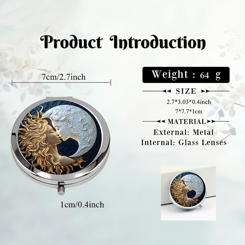 Silver Compact Mirror, 2.8x2.8inch Double-Sided Folding Makeup Mirror with Moon Goddess Face Design, Ideal Gift for Women