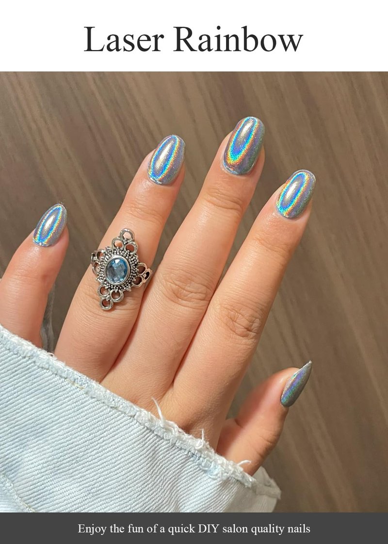 Gel Nail Strips - Semi-Cured Holographic Chrome Design | Easy Application, Salon Quality, Laser Rainbow