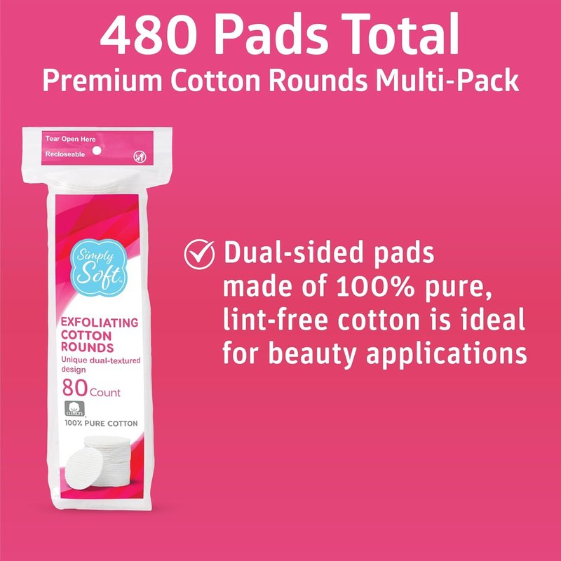 Hypoallergenic Exfoliating Cotton Rounds - Soft Dual Textured Pads | 80 Count (Pack of 6)