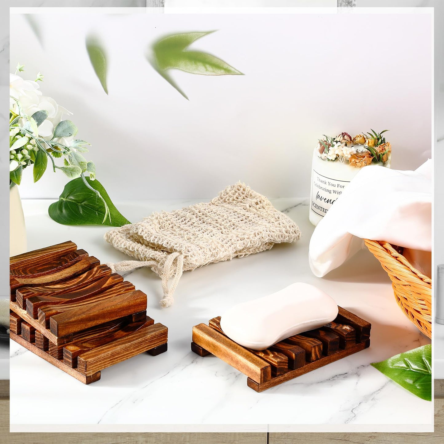 Umigy 40 Pcs Soap Bag and Holder Kit - Sisal Soap Saver Bags, Bamboo Wood Holder Tray for Shower Bath Use (Beige,Charcoal)