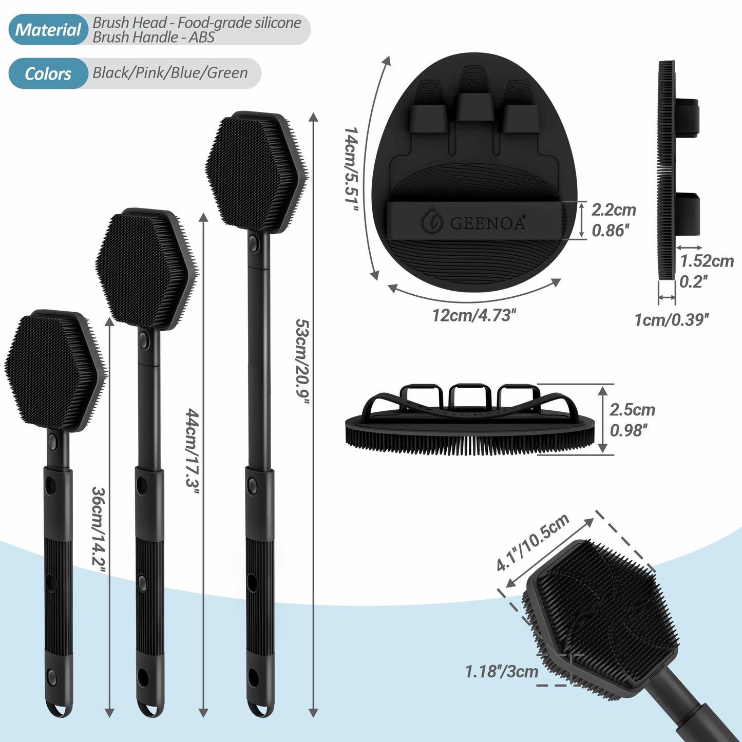 GEENOA Silicone Back Scrubber & Soft Bath Glove 2PCS, 16''- 21''Extendable Back Scrubber with Dual-Side Large Head, 360° Anti-Slip Hand-fit Silicone Body Scrubber for Rich Foaming Deep Cleaning(Black)