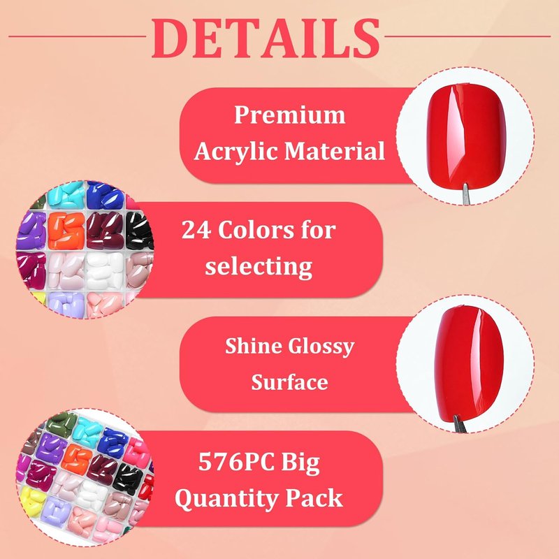 Skiennix 576pc Square Press-On Nails - Short Acrylic Fake Nails in 24 Colors with Glue & Tabs