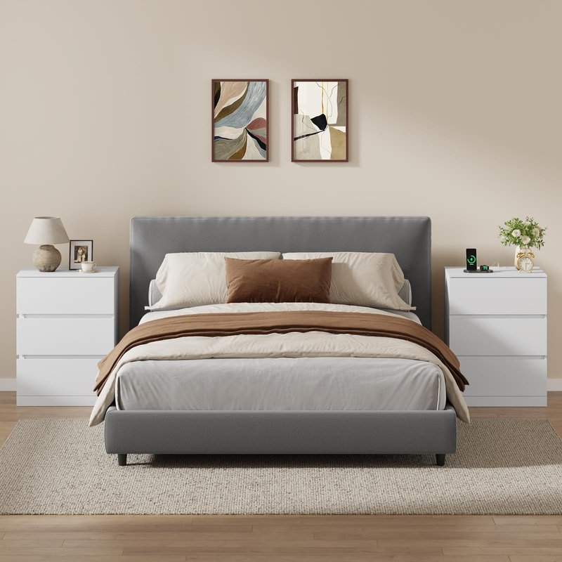 Nightstand Set of 2, 4 Drawers, 26" H with Hidden Drawer, Bedside Table with Charging Station, Modern Night Stand for Bedroom, White