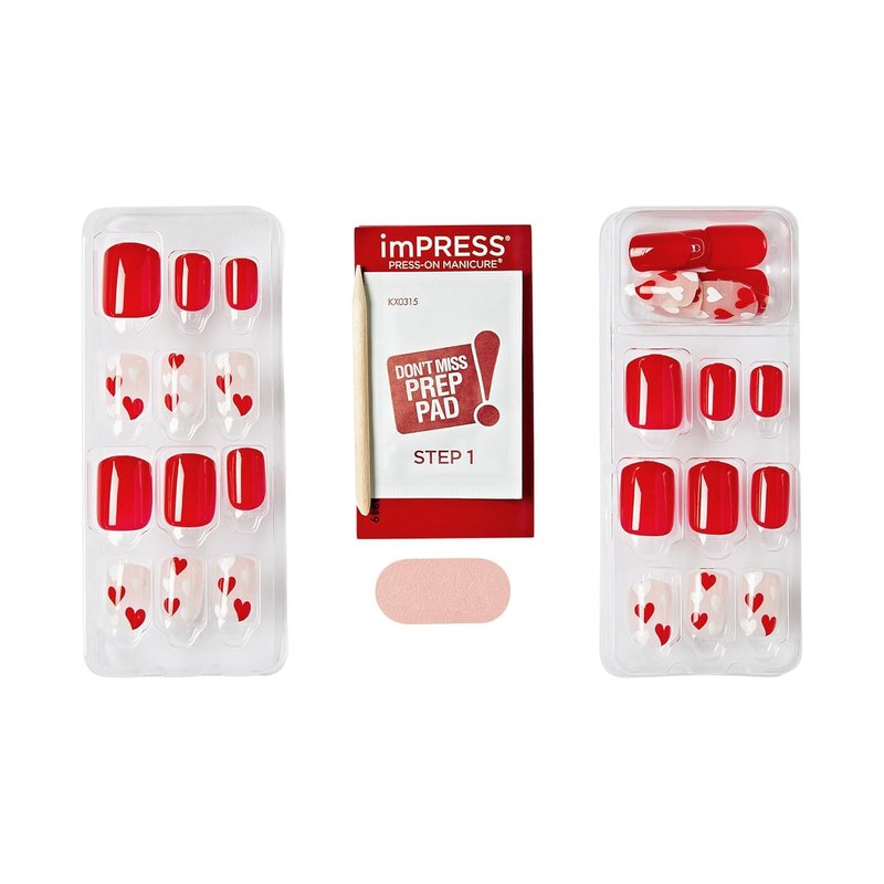 KISS imPRESS Press-On Nails - Valentine’s Day Full Heart Design, Red Short Squoval | 30 Nails, Prep Pad & Mini File Included