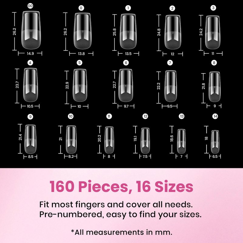 Beetles Gel Nail Tips Flat-X - Square Medium, 160pcs 16 Sizes, Pre-Etched Half Matte Full Cover Soft Acrylic False Nail Tips Clear Press on Easy DIY Extension Salon for Flat & Natural Nail Beds