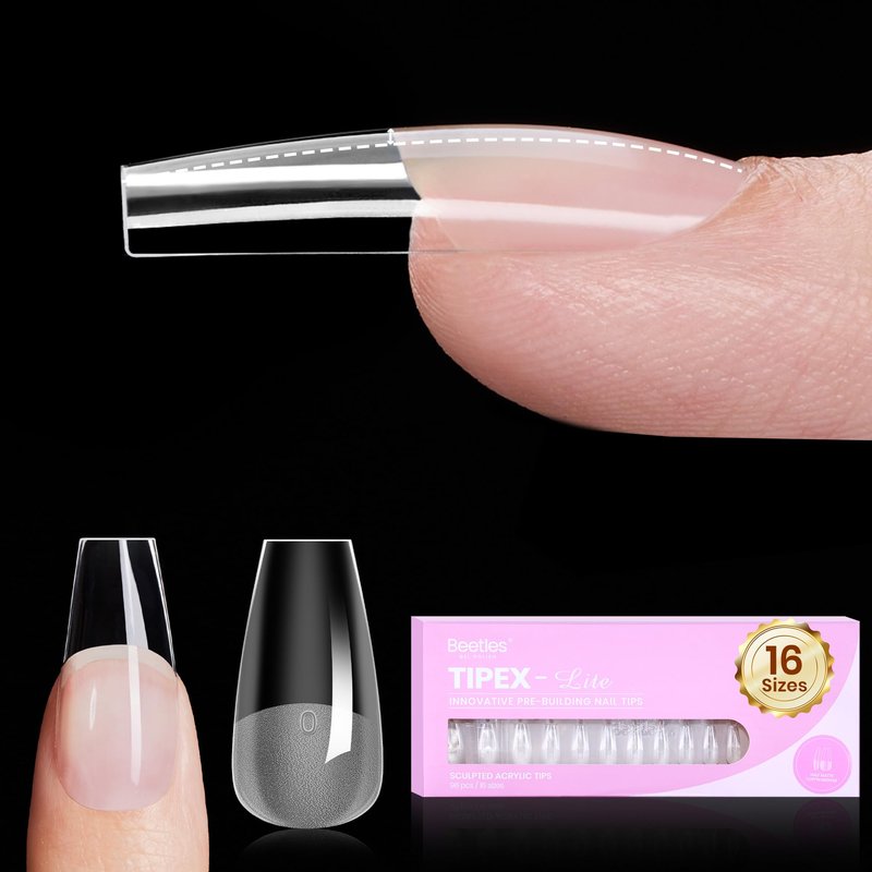 Beetles Tipex Lite Instant Apex Nail Tips, Medium Coffin, 16 Sizes | 00–14, Built-in Apex Acrylic Tips for Flat & Natural Nail Beds, Beginner-Friendly Easy DIY Nail Extensions