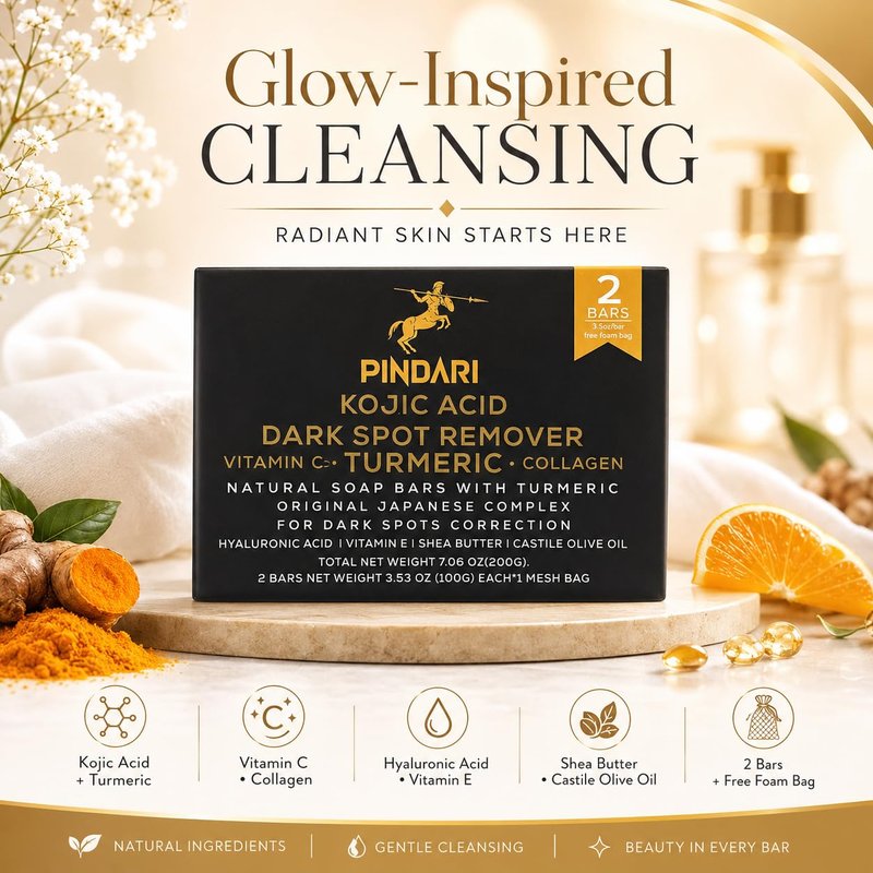 Pindari Turmeric Kojic Acid Soap Bar 2 Pack 3.53 oz Each | Face & Body Cleansing Bar with Vitamin C | Collagen | Hyaluronic Acid | Vitamin E & Shea Butter | SLS Free | Paraben Free | Vegan