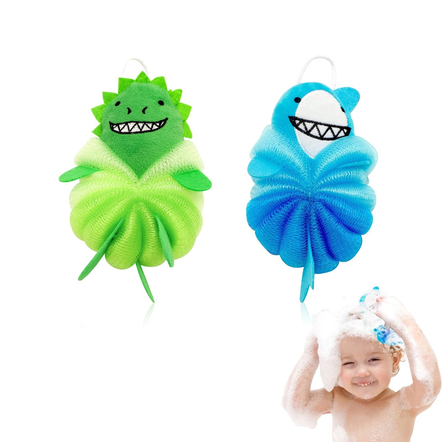 Kids Loofah & Bath Sponge, 2 Pack Loofah for Kids with Dinosaur & Shark, Gentle Baby Sponge for Bathing, Toddler Mesh Pouf for Bath Time, Soft Body Scrubber for Boys & Girls