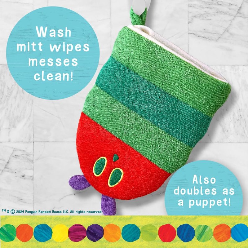 Eric Carle Very Hungry Caterpillar Wash Mitt and Squirt Set and Baby Bath Time Essential – Fully Lined Adult Size Mitt with Loop to Hang Dry