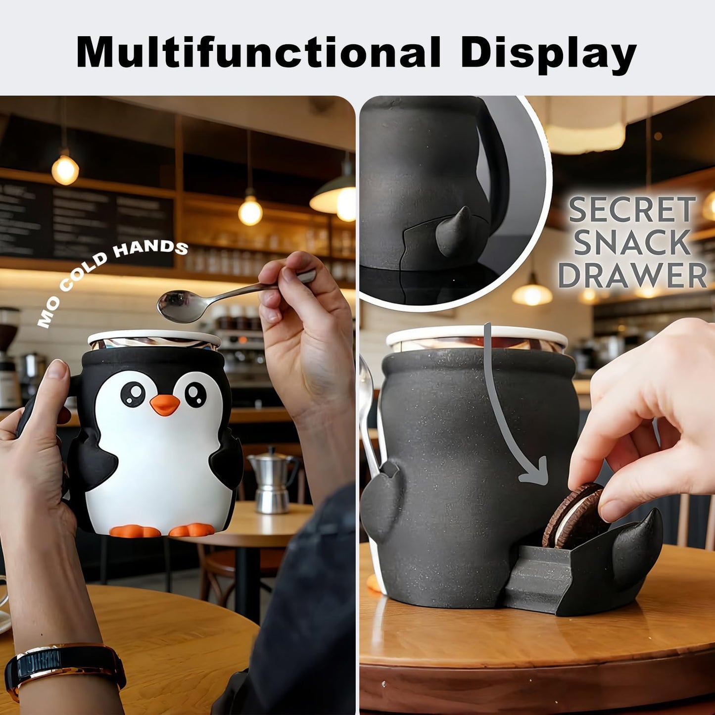 LDJDSDS Ice Cream Pint Holder, Insulated Ice Cream Holder Sleeves for 16 oz Pints with Spoon Slots & Hidden Snack Drawer, Leak Proof Popsicle Cooler Container Cozy, Gifts for Animal Lovers (Penguin)