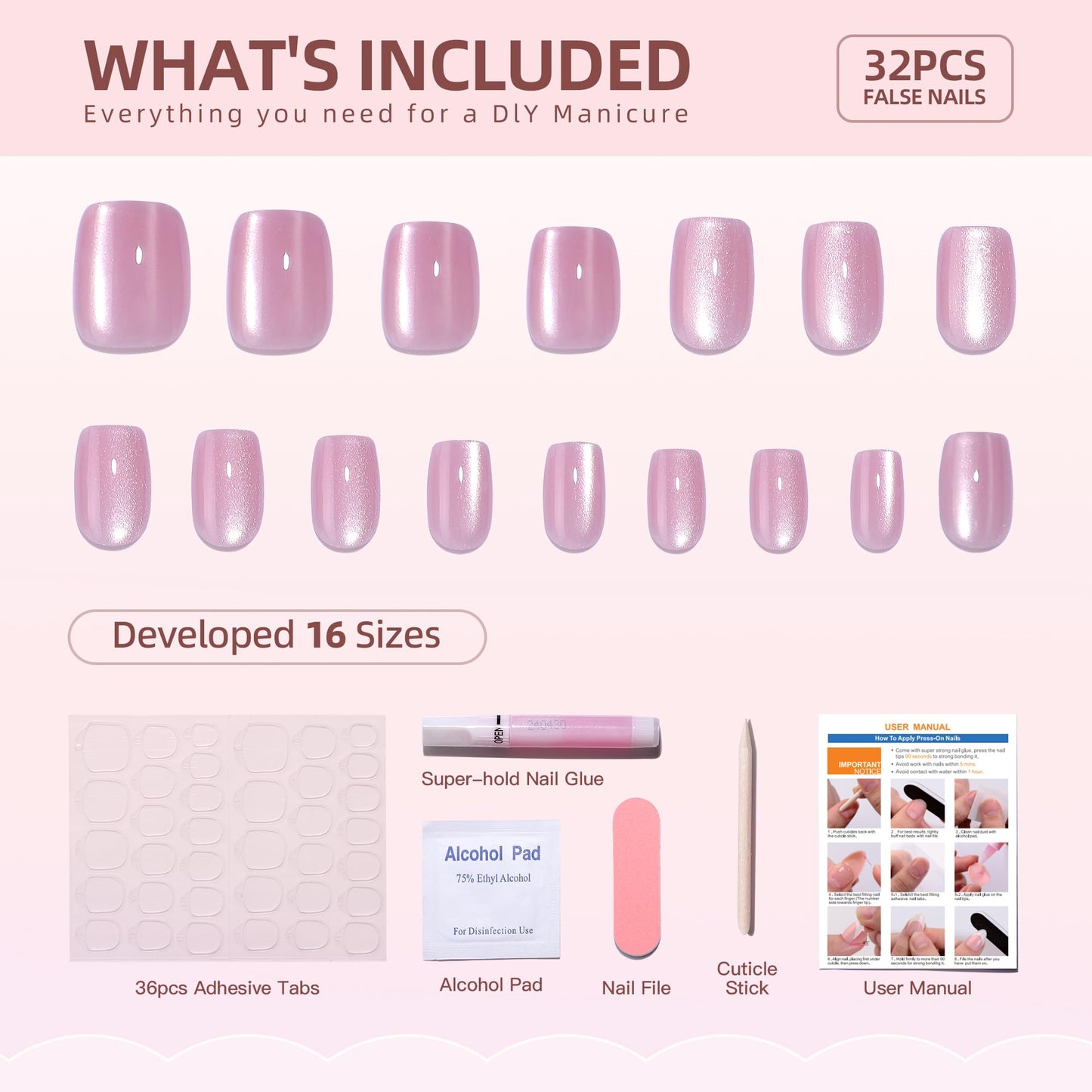 WAFOLOZE Pink Gel Press On Nails Square - Short Fake Nails With Glue, 16 Sizes, 32Pcs Reusable Soft Artificial Tips Kit