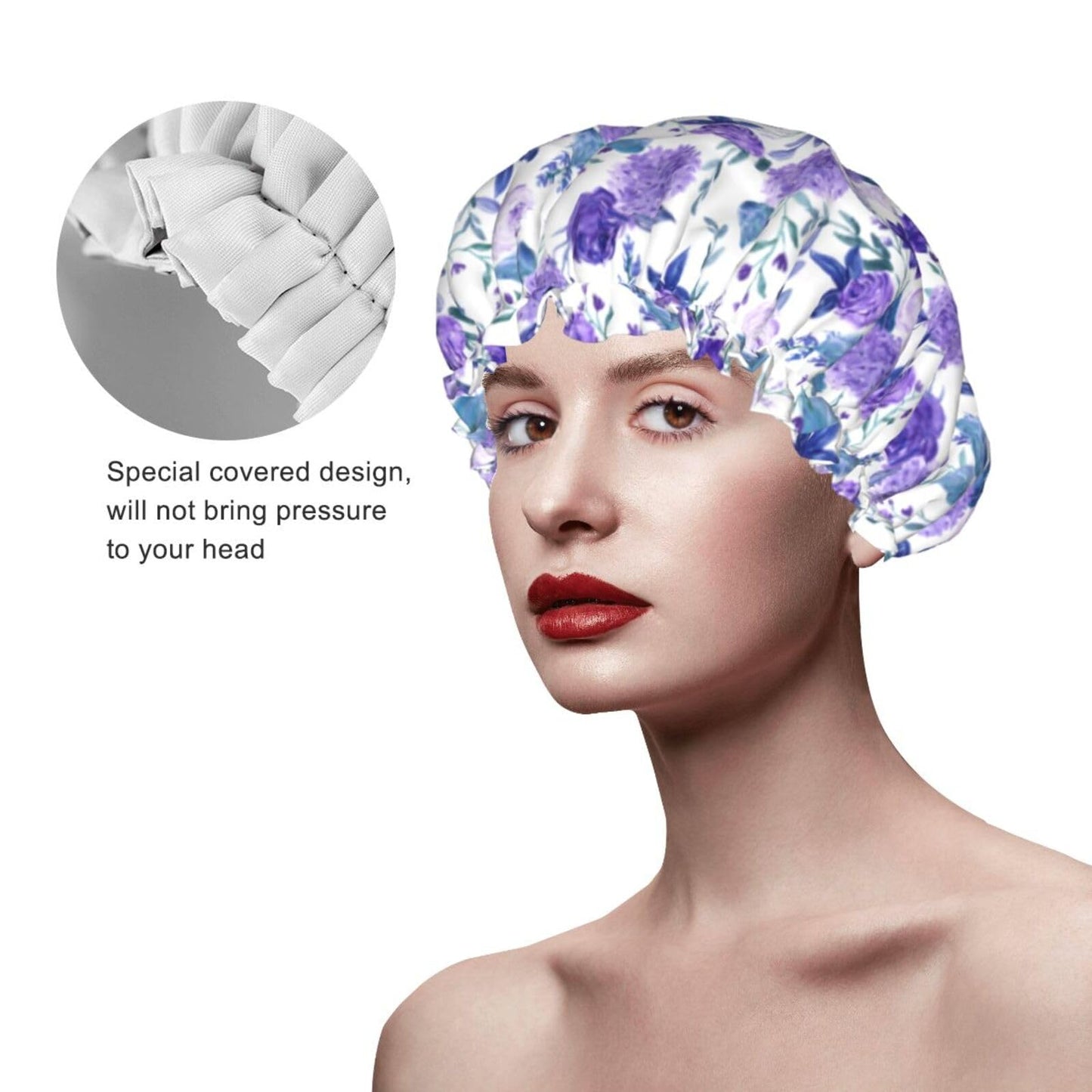 Violet Purple Rose Shower Cap For Women Adjustable Double Waterproof Layers Bathing Shower Hat Hair Protection Reusable Ladies Spa Salon Shower Hat
