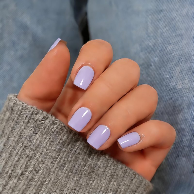 KQueenest Lilac Press On Nails Short Square, 30 Pcs Sturdy Reusable Fake Nails Kit with Nail Glue & Adhesive Tabs, Glossy Soft Gel Glue On Nails for Women, Beginners, At-Home Manicure