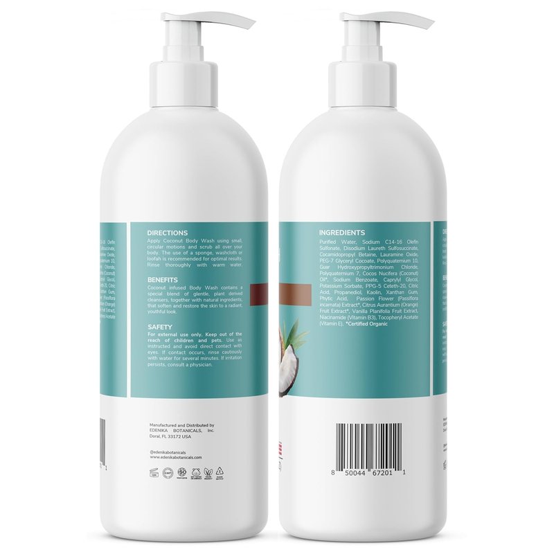 EDENIKA BOTANICALS Coconut Body Wash, Cleans, Softens & Nourishes, Ultra Moisturizing Shower Gel for Dry and Sensitive Skin, Women & Men, Organic & Natural, 16 fl oz, 2-Pack