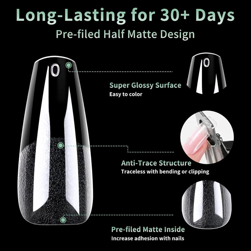 Long Coffin Nail Tips - 216pcs Acrylic Ballerina Fake Nails | Matte Clear Pre-Shaped Full Cover for DIY Manicure, 12 Sizes