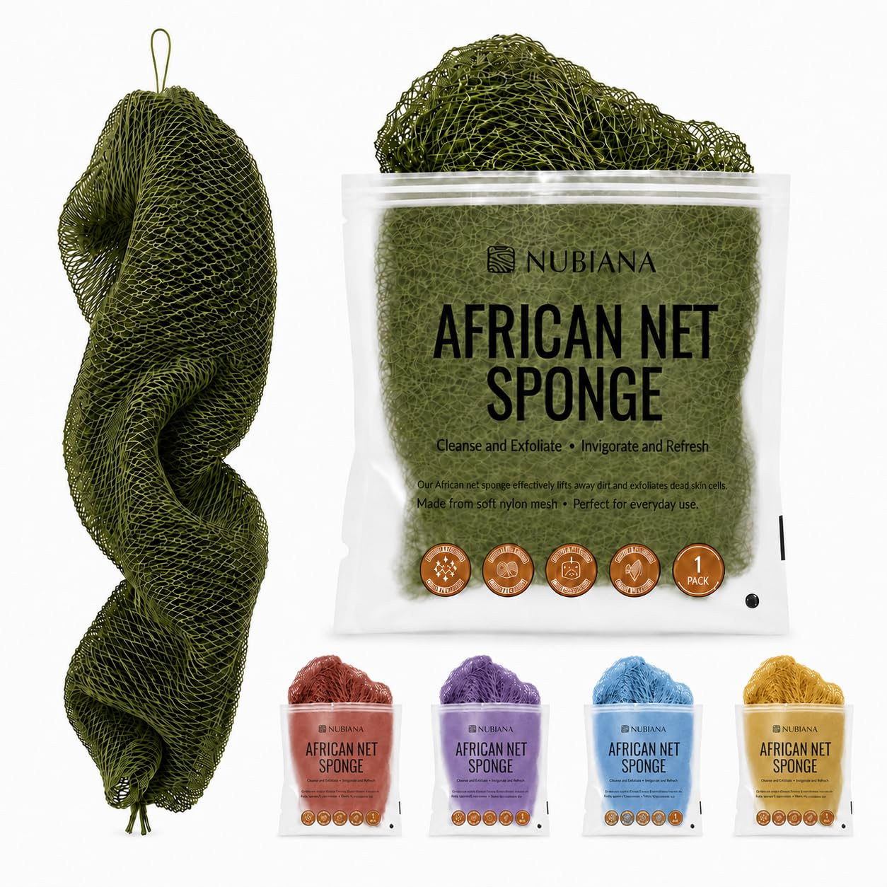 Nubiana African Net Sponge Authentic with Knots, 45 Inch Handwoven Nigerian Exfoliating Body Sponge with Handles, Quick-Drying Nylon Mesh Body Scrubber, Reusable Bath Sponge (Olive Green)
