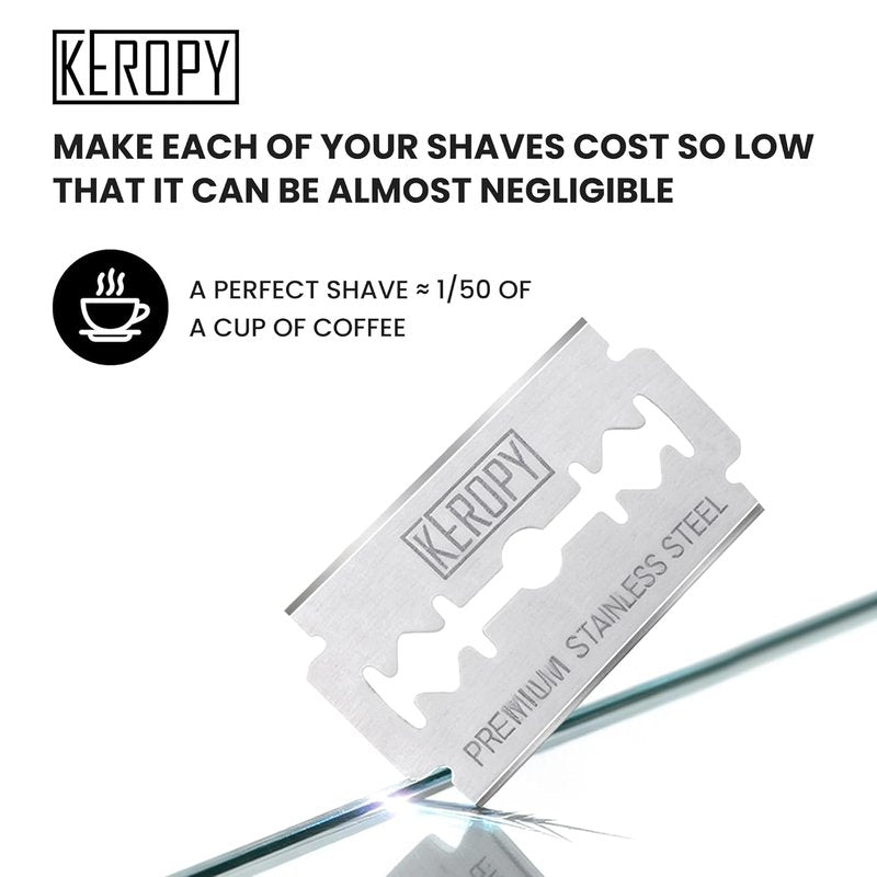 KEROPY Double Edge Safety Razor Blades - 50 Count Premium Surgical Stainless Steel, Chromium Coating, Zero Irritation