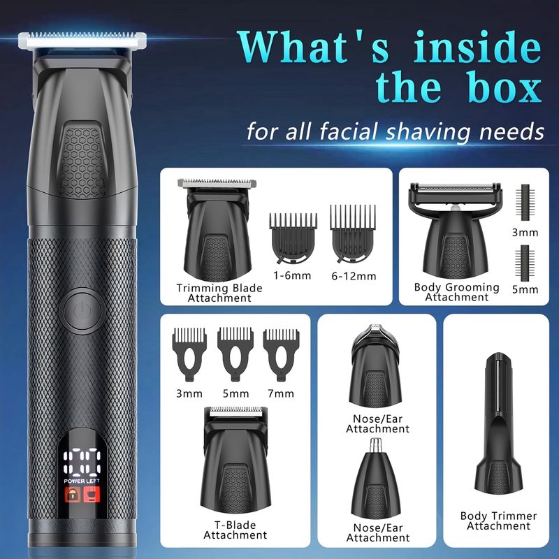 Beard Trimmer for Men - 6-in-1 Cordless Waterproof Grooming Kit | LED Display, USB Rechargeable