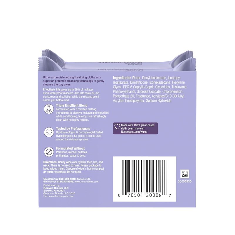 Neutrogena Night Calming Makeup Remover Wipes - Hypoallergenic, Plant-Based Cloth | Twin Pack, 2 x 25 ct