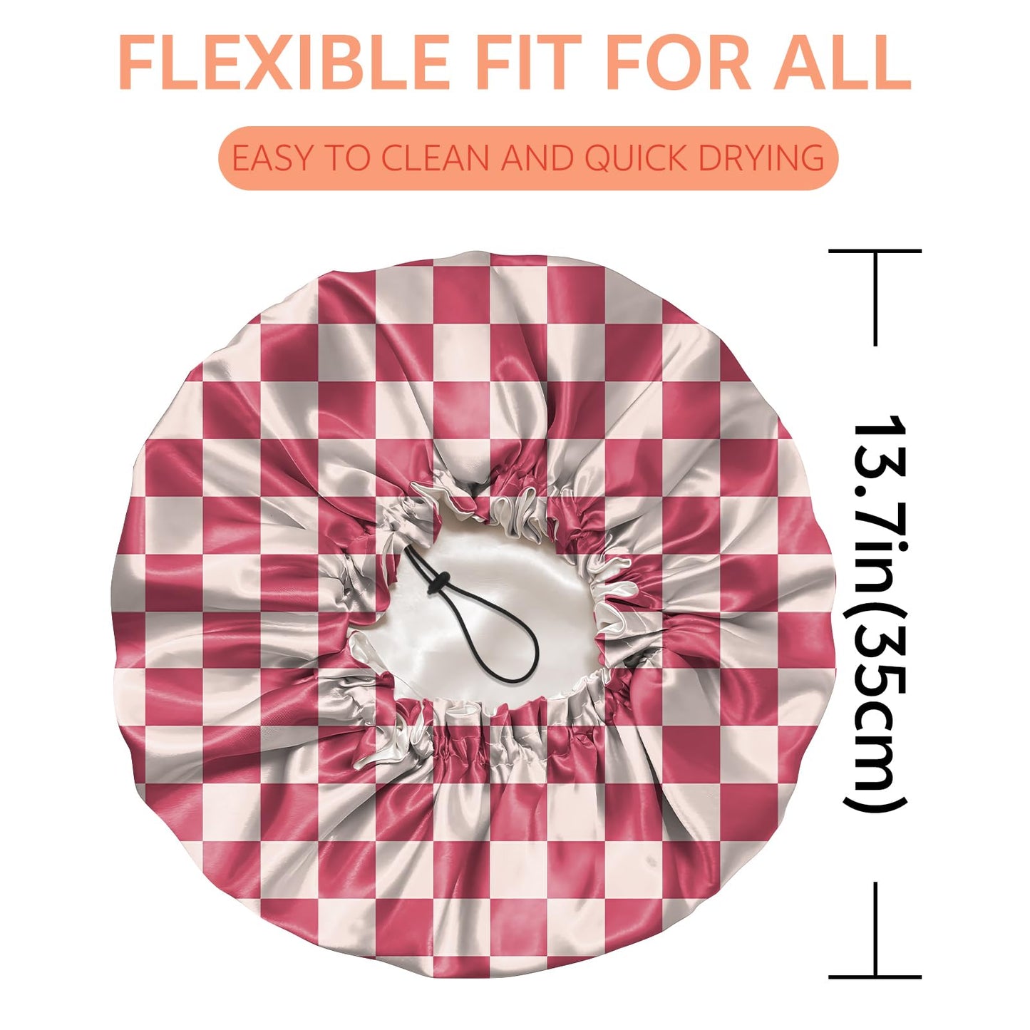 BHAHB Shower Cap Reusable Double Layer Adjustable Elastic Waterproof EVA Hair Bath Caps for Women Girls Cute Aesthetic-Pink Checkered