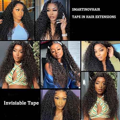 28Inch Long Tape in Hair Extensions for Women Water Wave Human Hair Skin Weft Seamless Invisible PU Tape Double Sided 50g 20pcs/Pack Adhesive Curly Hair 4-6 Packs for Full Head