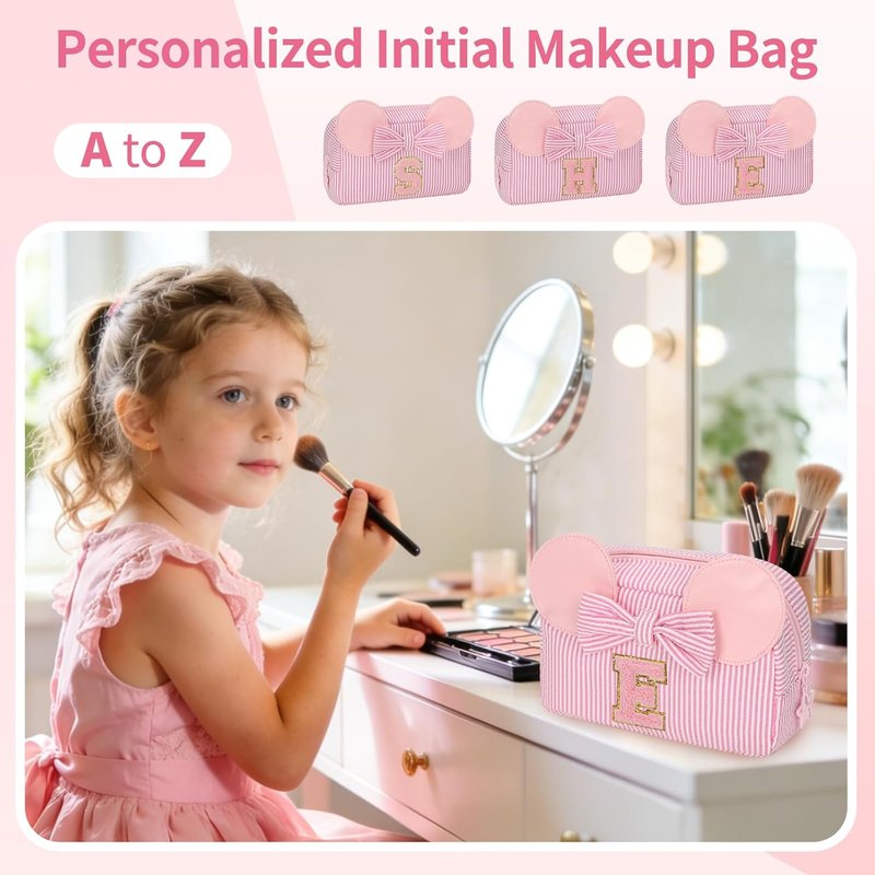 Skiennix Initial Makeup Bag - Cute Travel Cosmetic Organizer Pouch for Girls | Perfect Birthday Gift for Ages 4-15