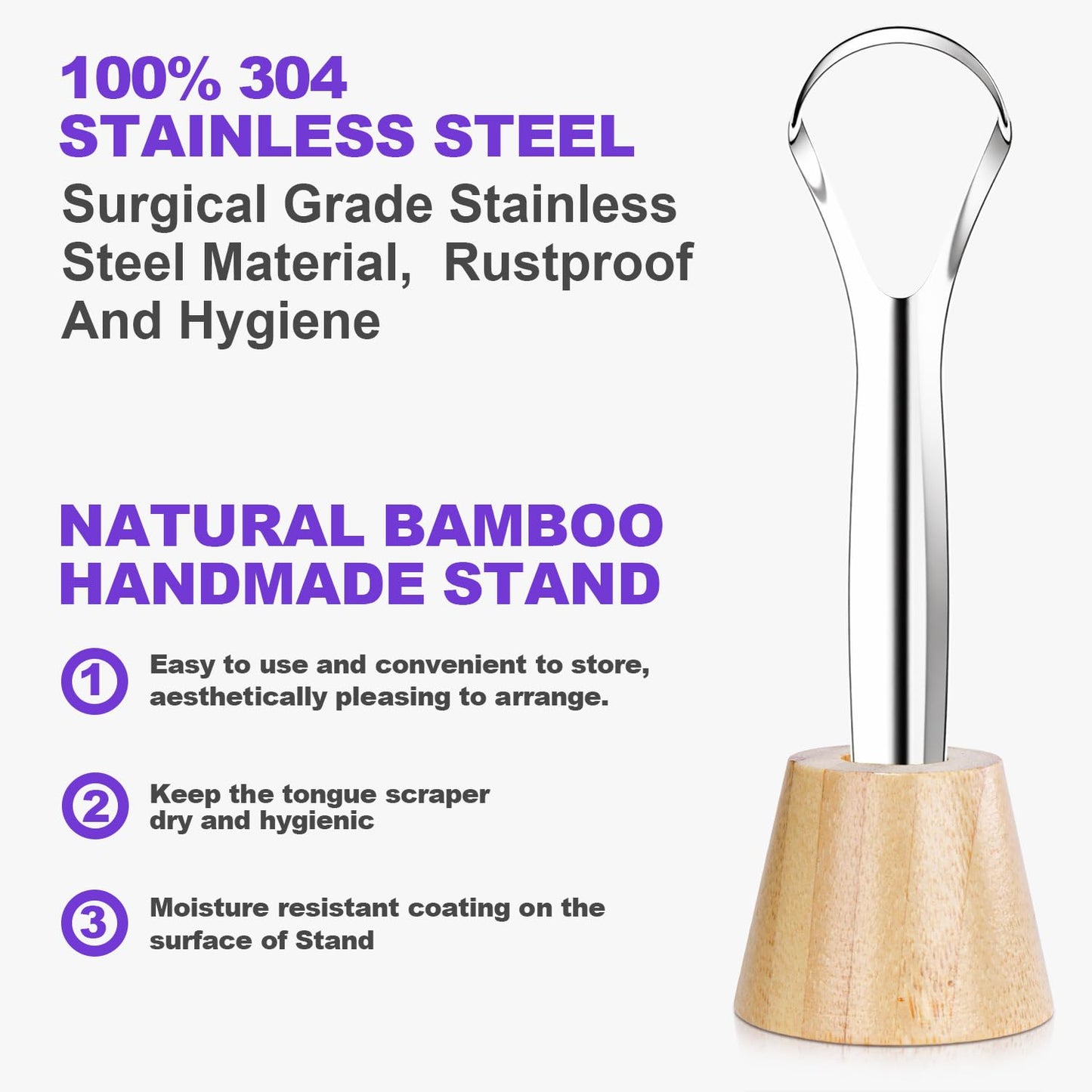 Tongue Scraper for Adults (2 Pack), 2 Bamboo Holder and 2 Travel Case, 100% Stainless Steel Tongue Scraper, Reducing Bad Breath, Tongue Cleaner for Oral Care & Hygiene, Home and Travel Use