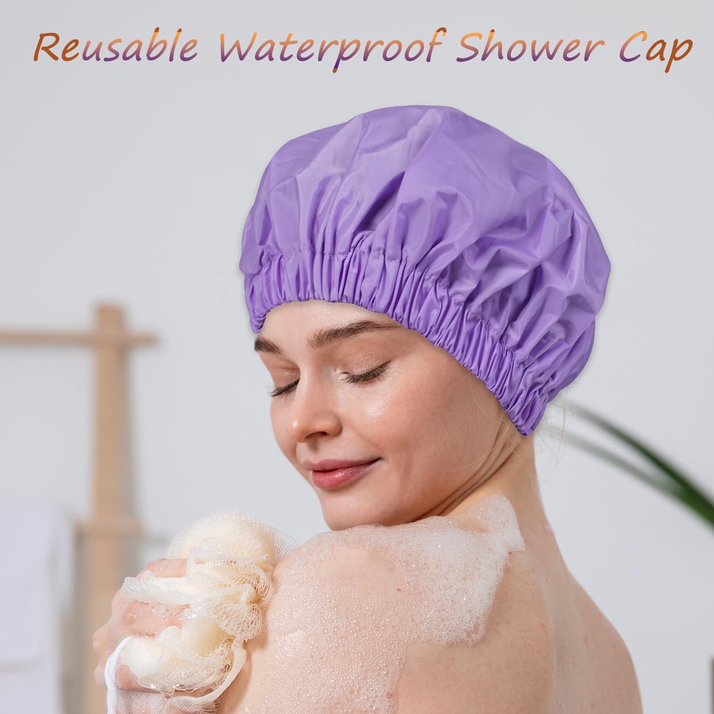 TUVATU Reusable Shower Cap for Women – Large Waterproof Satin Shower Bonnet for Long, Curly & Braided Hair, Washable Bath Hair Cover, Black + Purple