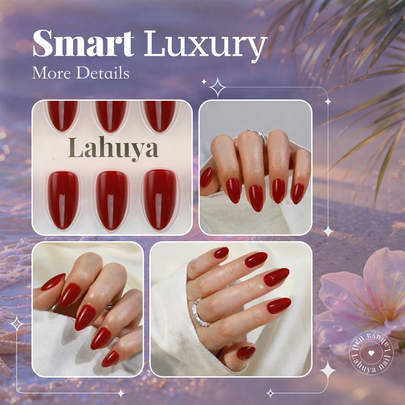 LAHUYA Press On Nails – Berry Glow | Nail Artist Designed Short Almond Fake Nails with Rich Berry Red Glossy Finish, 15 Sizes – 30 Nails Kit with Glue
