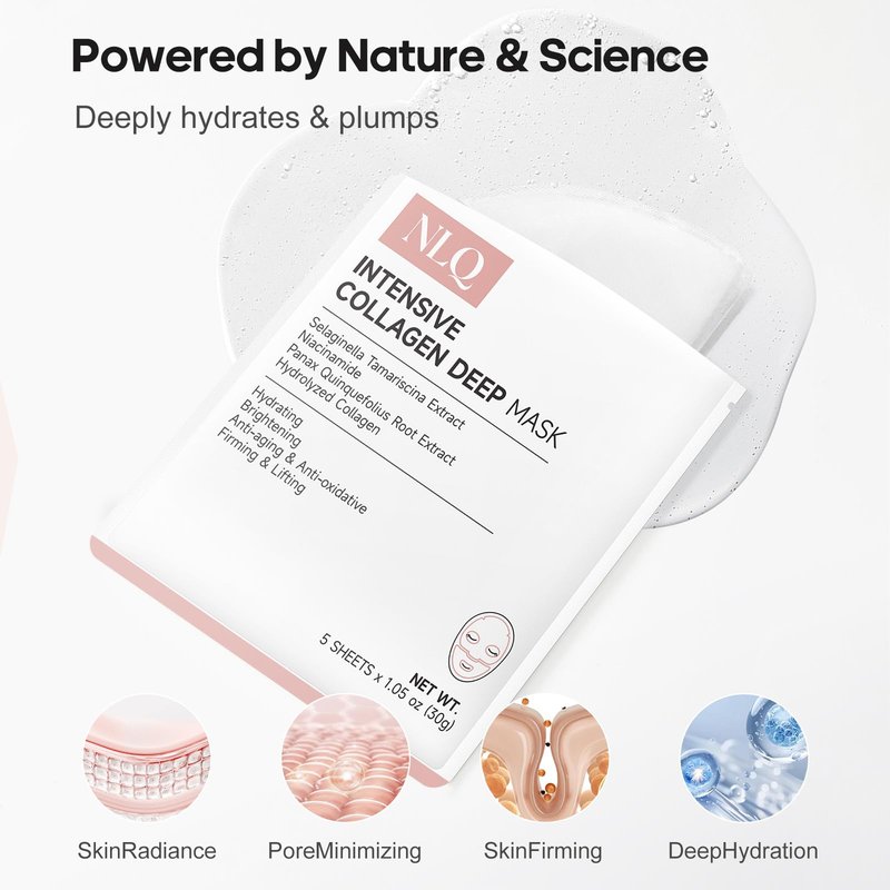 NLQ Collagen Face Mask Overnight Hydrogel Deep Mask - Glass Skin Intensive Hydrating & Firming Pore Refining Anti-Aging Sheet Mask, Skincare Gift for Women (5 Sheets)