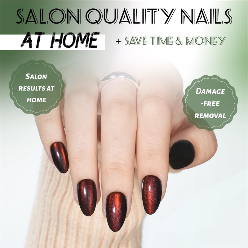Red Cat Eye Press On Nails Almond - Short Almond Fake Nails with Nail Glue, Brown Red Cateye Press On Nails Reusable Stick On Nails in 16 Sizes 32 Nail Kit for Women & Girls | Salon Quality