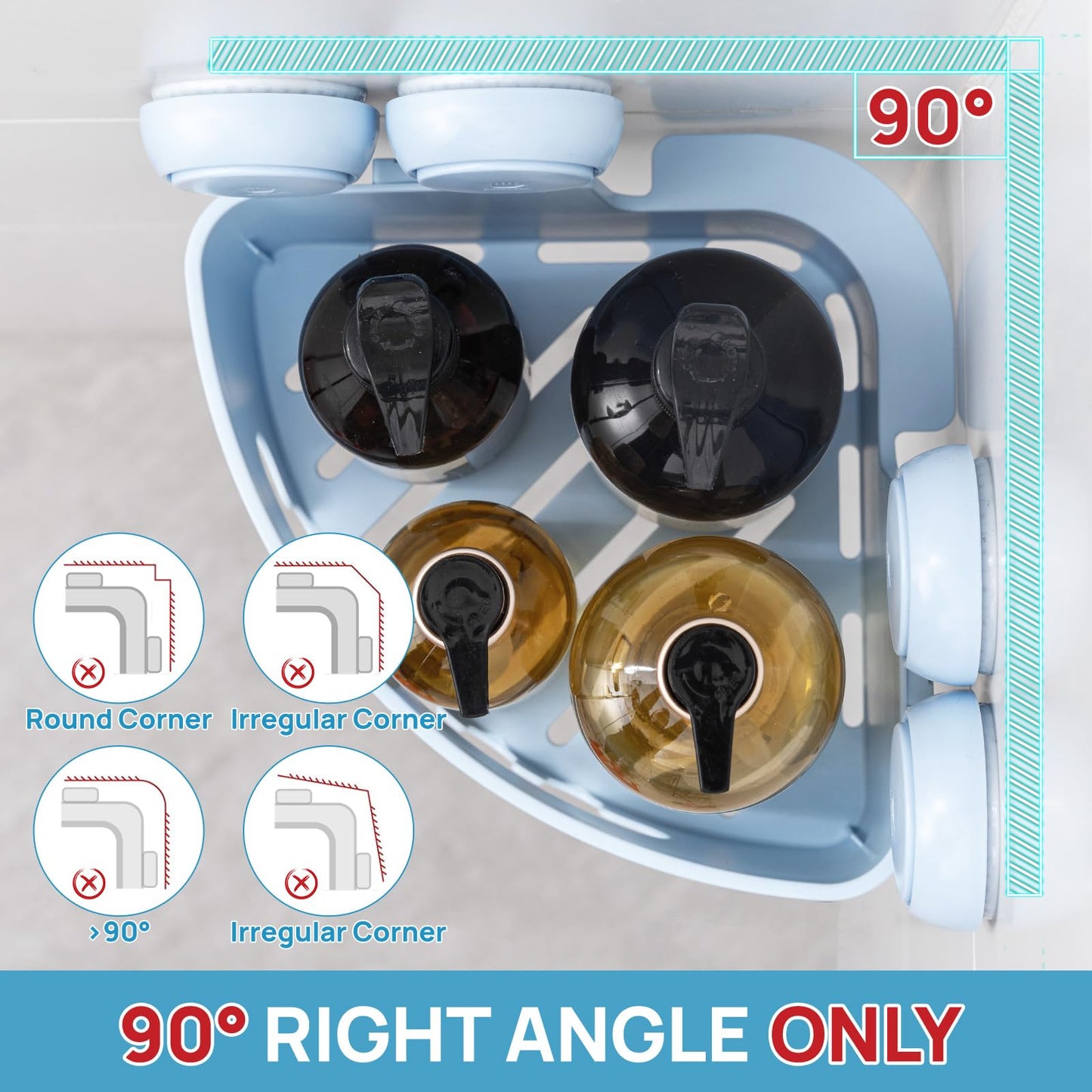 LEVERLOC Corner Shower Caddy Suction Cup, Shower Caddy Basket Powerful Suction Bathroom, Waterproof & Rustproof Organizer for Bathroom Storage, No-Drilling Removable (Blue)
