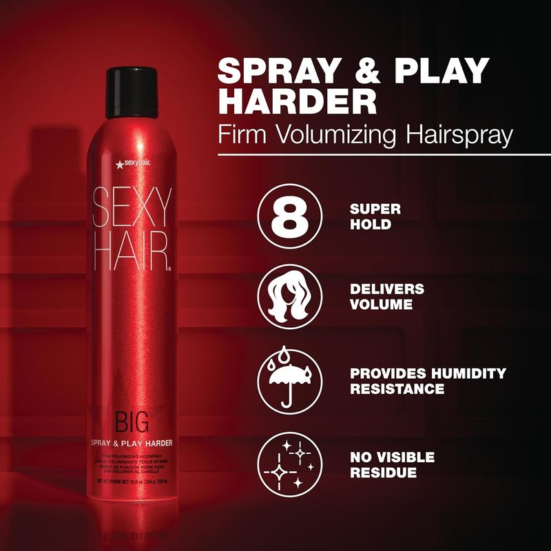 SexyHair Big Spray & Play Harder Hairspray - Firm Hold & Shine | 72-Hour Humidity Resistance