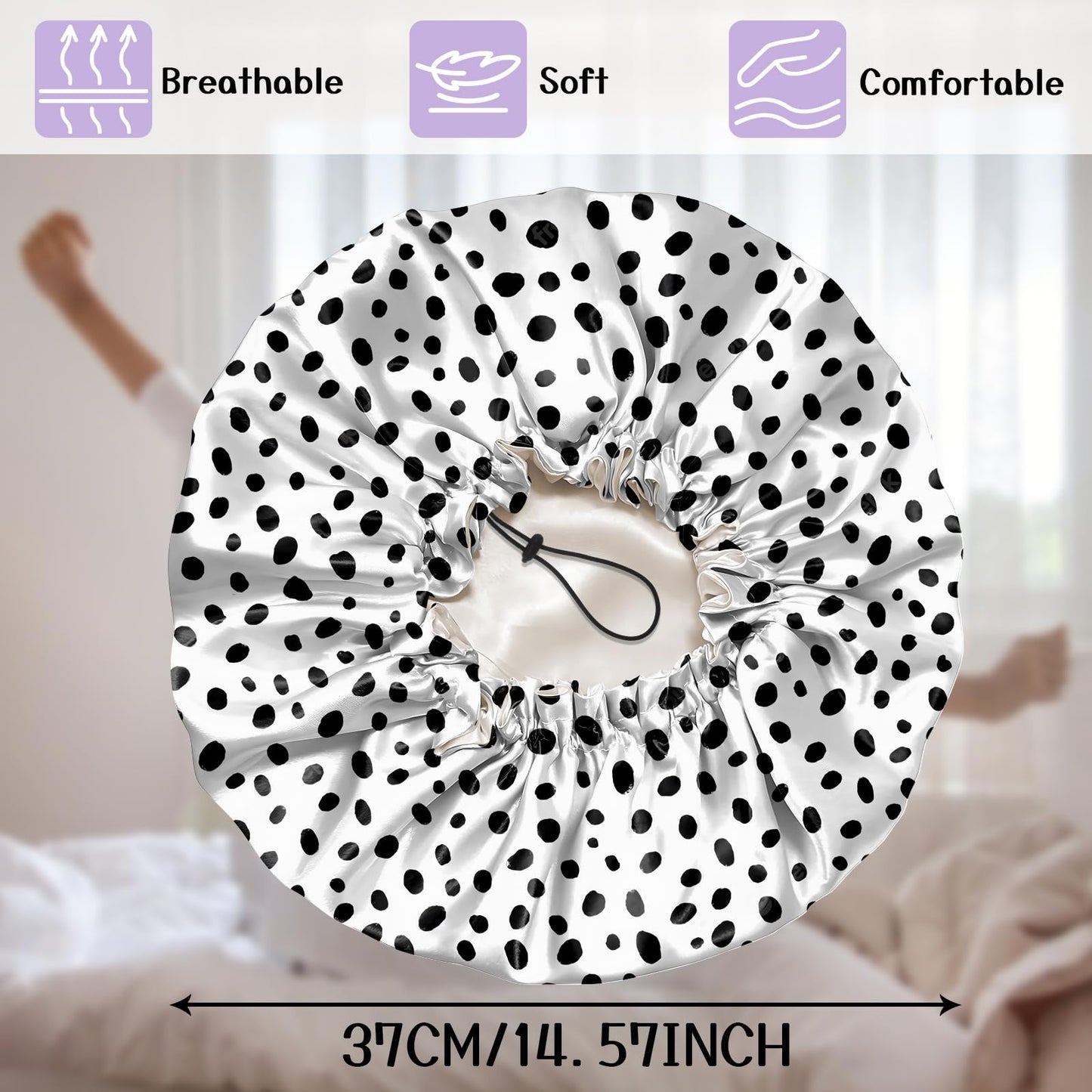 Deokke Luxury Shower Cap Silk Satin Lined Waterproof Reusable Adjustable Elastic Dry Hair Bathing Caps Cute for Women Girls-Spot