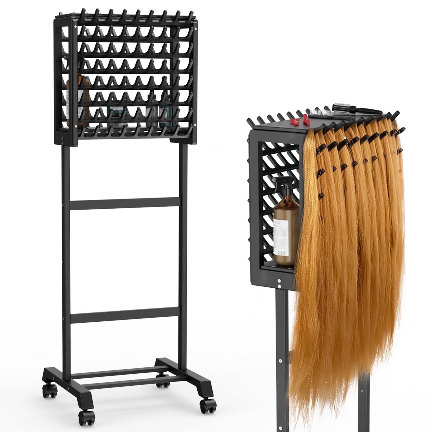 Yumkfoi Black Braiding Hair Rack, Double Sided Braid Rack with 4 Wheels and 2 Storage Shelf, Wooden Hair Racks for Braiders Standing Braid Rack, Hair Separator Stand for Hairstylists (144 Pegs)