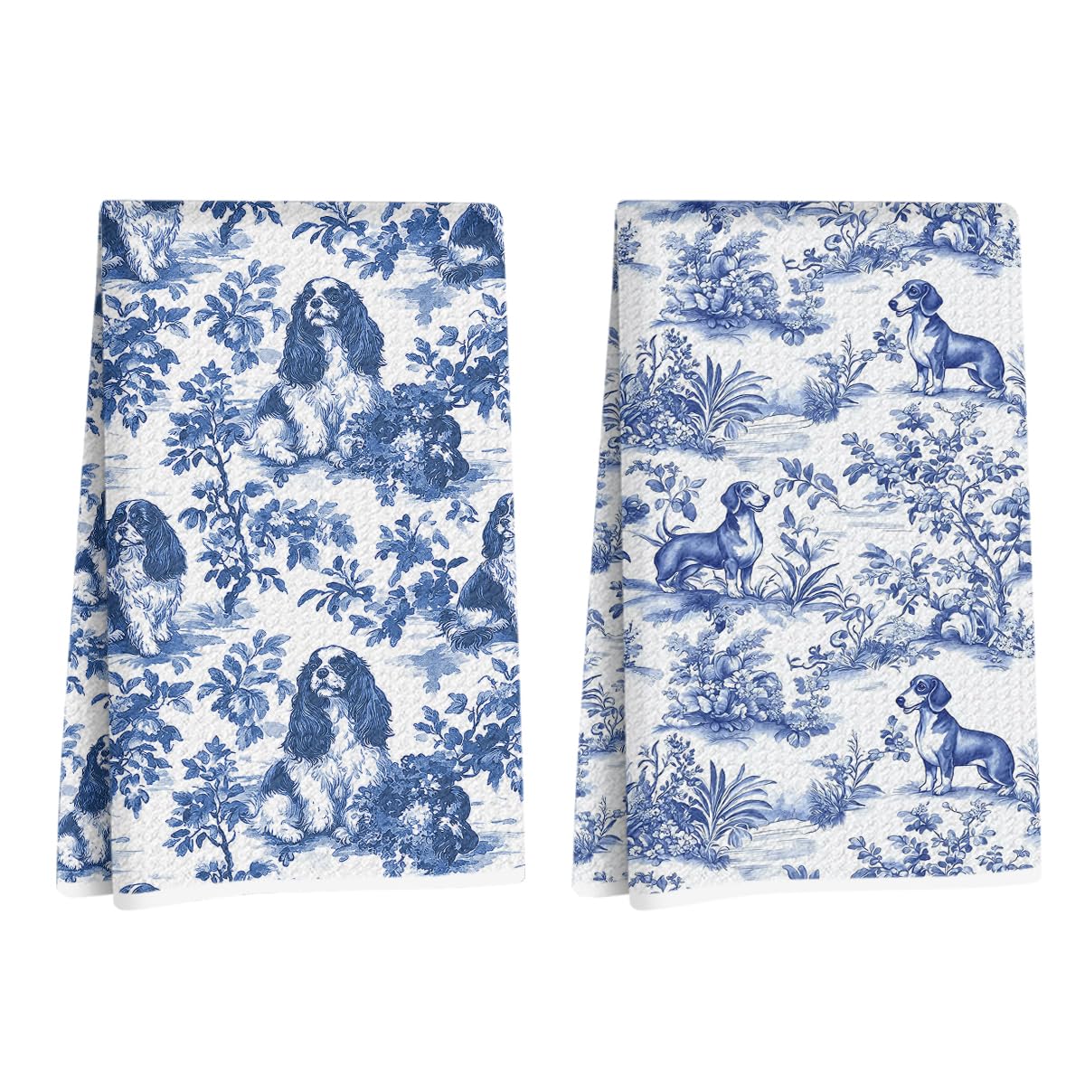 2 Pcs Chinoiserie Cavalier King Charles Spaniel Kitchen Towels 14x24 Inch, Blue and White Floral Dachshund Decorative Dish Tea Towels, Grand Millenial Botanical Dog Hand Towels for Kitchen Bathroom