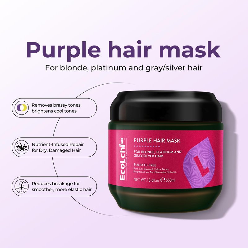 ECOLCHIPRO Collagen Shea Butter Purple Hair Mask Deep Repair Conditioning Collagen Shea Butter Purple Hair Treatment for Blonde Silver Gray Highlighted Hair 18.6 oz 550ml | Sulfate-free