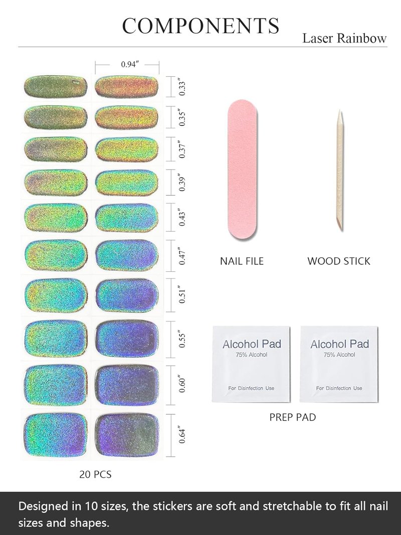Gel Nail Strips - Semi-Cured Holographic Chrome Design | Easy Application, Salon Quality, Laser Rainbow