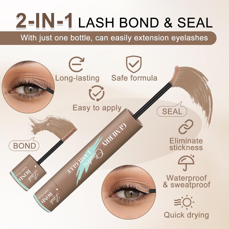 GEMERRY Lash Cluster Glue, Brown Lash Bond and Seal Waterproof Eyelash Glues for Clusters Eyelash Adhesive Long-Lasting 72H(5ml+5ml, Brown)