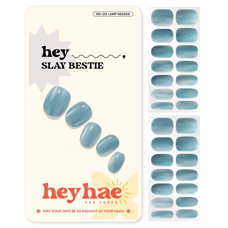 Heyhae Semi Cured Gel Nail Strips | No LED Lamp Needed | Solid, Blue | Easy Apply & Remove, Salon Quality | Includes 28 Strips, 1 Prep Pads, Nail File & Wooden stick - Hey, Slay Bestie