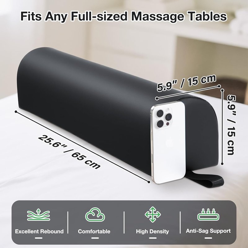 Noverlife 3/4 Round Massage Table Bolster Pillow - PU Leather Support Pad for Pain Relief | 26 x 6 x 6 in, Black