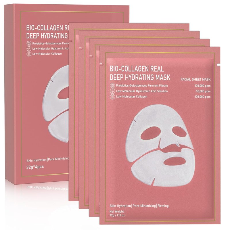 Collagen Face Mask - 4 Pack Bio-Collagen Deep Hydrating Overnight Masks for All Skin Types