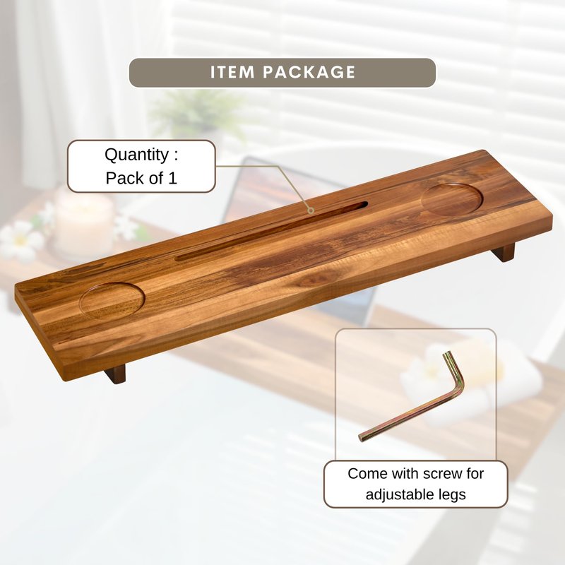 ILOT Bathtub Tray for Standard Tubs – 29" Adjustable Teak Wood Bath Caddy | Anti-Tip, Non-Toxic, Waterproof, Sustainable Bath Tray Organizer for Relaxing Spa & Home Use