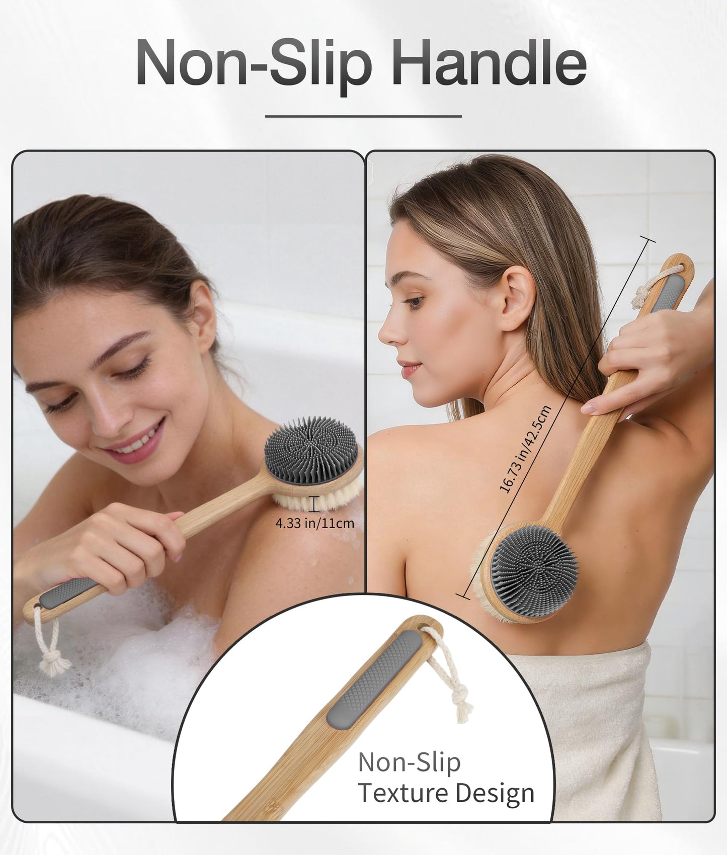 EaTubano Back Scrubber for Shower - Double-Sided Silicone and Super-Dense Bristles for Deep Cleaning & Exfoliation, Bamboo Long Handle with Wider Anti-Slip Grip, Rich Foam, Durable (Grey)