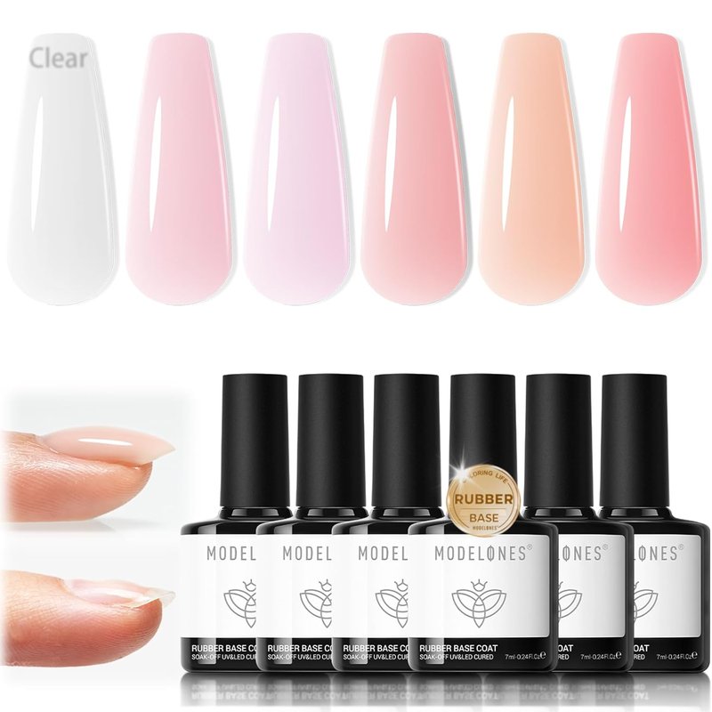 Modelones Rubber Base Gel Nail Polish - 6 Color Builder Set | Strengthening Apex for Weak Nails
