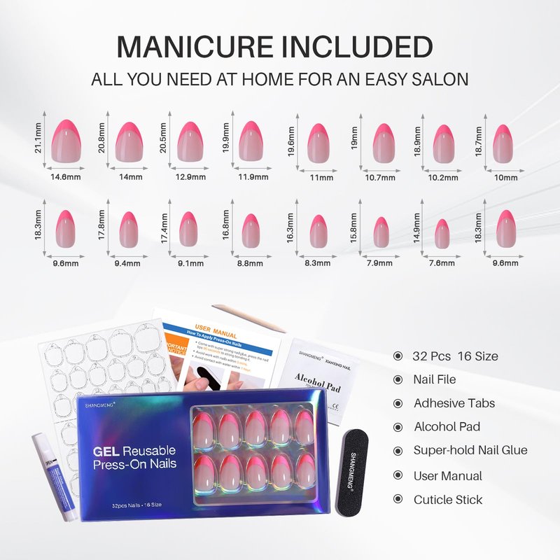 Pink French Tip Press on Nails Almond - SHANGMENG Soft Gel Press on Nails Short for Women Gift, Naturally Fit Glue on Nails in 16 Sizes - 32 Reusable Fake Nails Kit with Glue, Dolce Pink