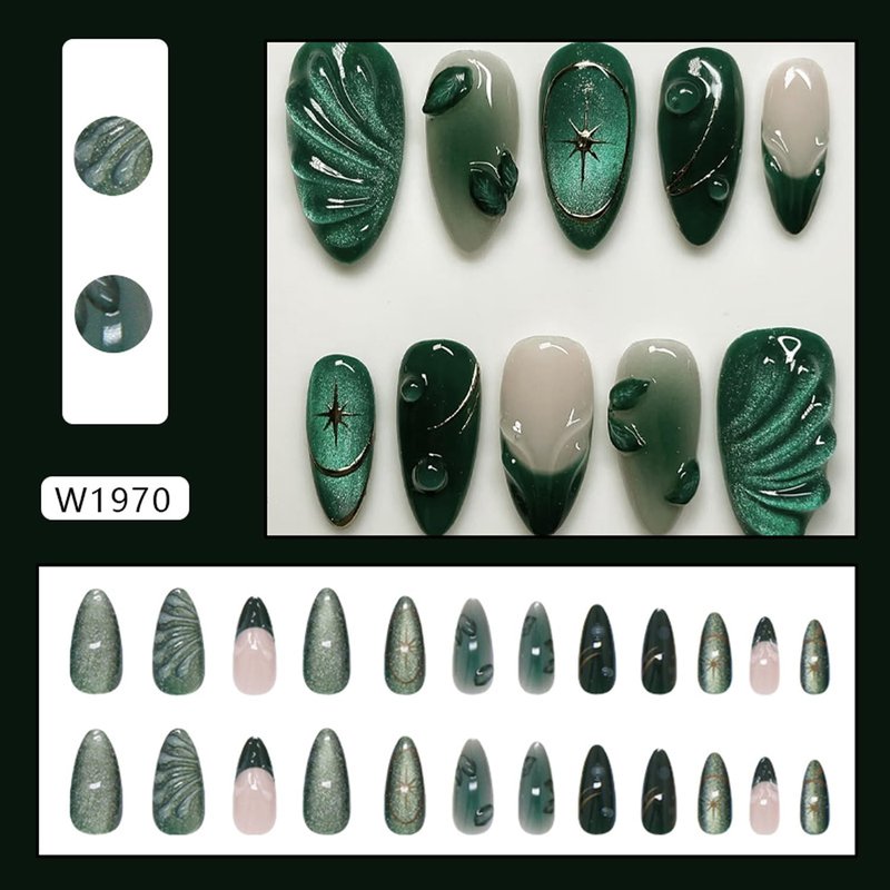 24Pcs Green Press on Nails Medium Almond Fake Nails with 3D Green Ripple Design Handmade Press on French Nails Tips Leaves Pattern Full Cover Glossy Y2k Reusable DIY Nails for Women Nail