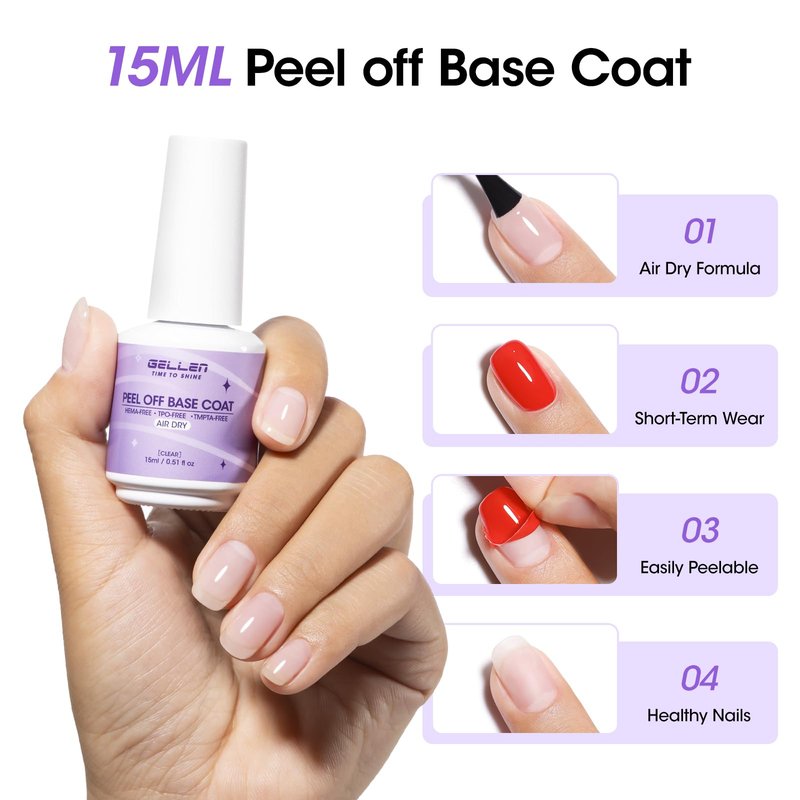 GELLEN Quick Dry Peel off Gel Base Coat, Lamp-Free Peelable Base Coat for Gel Polish, Non U V Gel for Thin & Weak Nails, Easy Removal without Damage, For Nail Practice Beginners