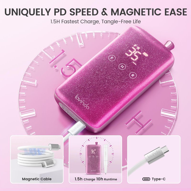 Lavinda Professional Nail Drill - 35,000 RPM Rechargeable Electric Nails File with Cordless Motor, Fast Charge & 3000mAh, 8-Piece Nail Drill bits Set for Manicure/Pedicure (Sparkling Pink)