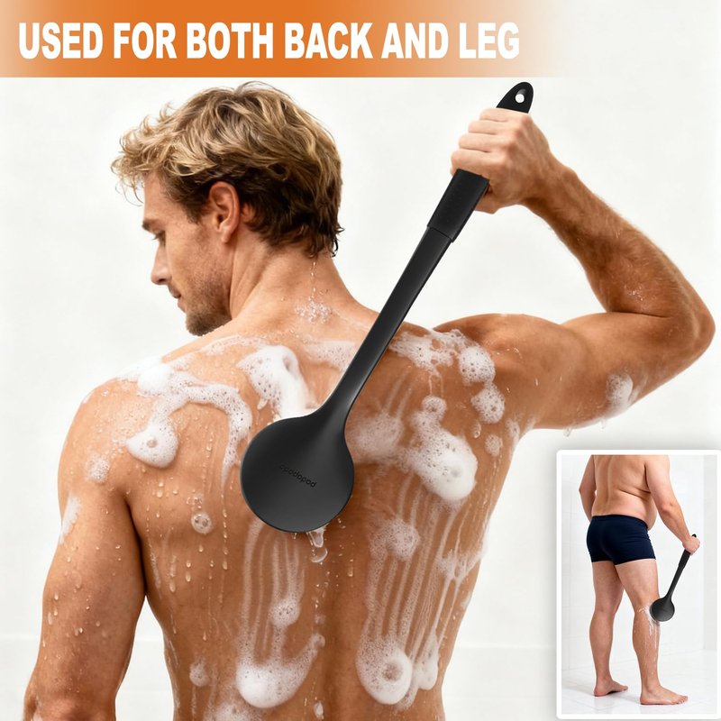 Long Handle Shower Back Scrubber,15.75 Inch Ergonomic Curved Brush with 3 Replaceable Heads with Soft and Firm Bristles,Silicone Handle for Easy Back Cleaning and Exfoliation,Bath Body Brush (Black)